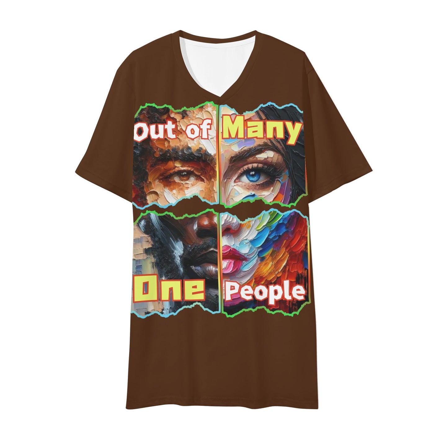 Mens Short Sleeve Soft Feel V-Neck T-Shirt "Out of Many, One People"