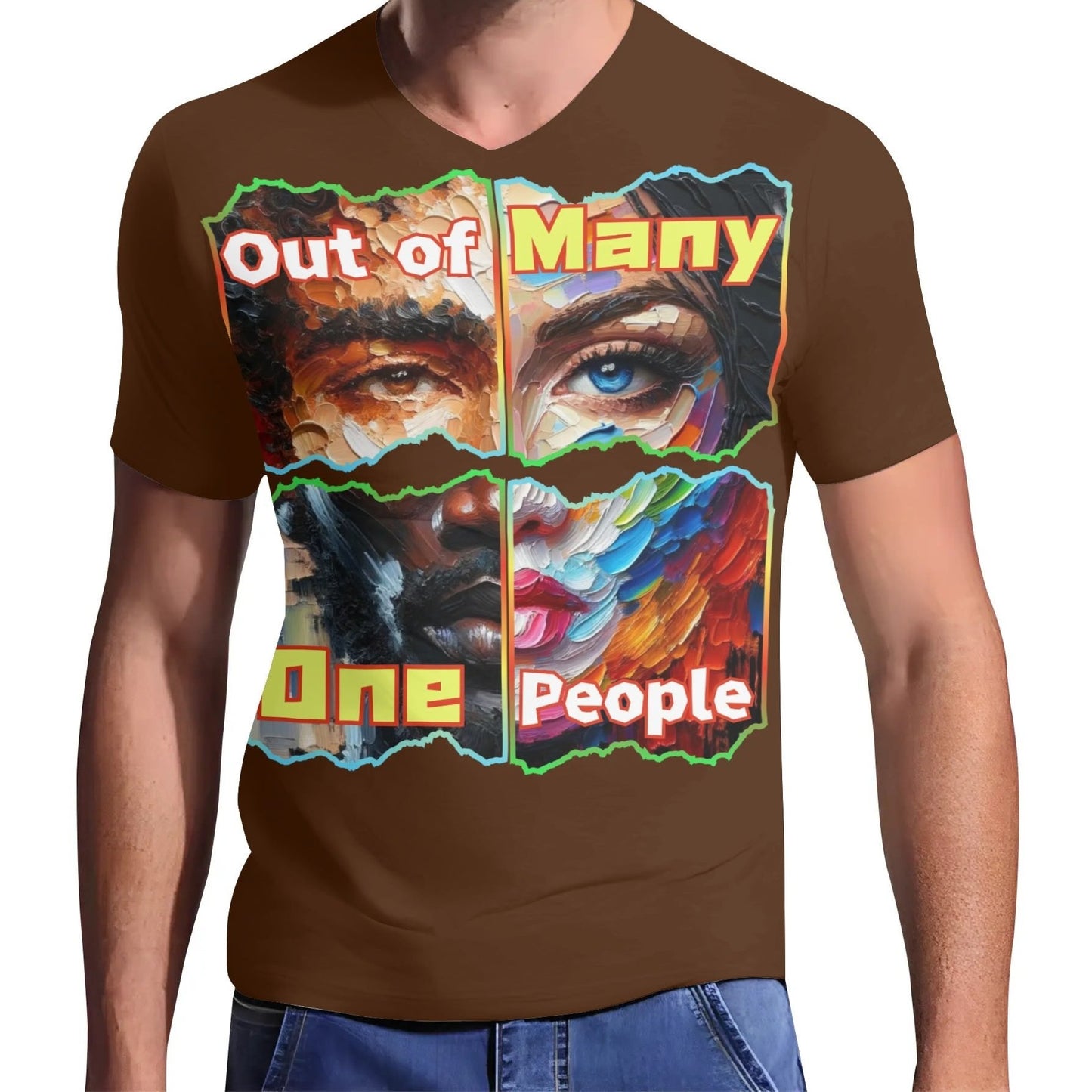 Mens Short Sleeve Soft Feel V-Neck T-Shirt "Out of Many, One People"