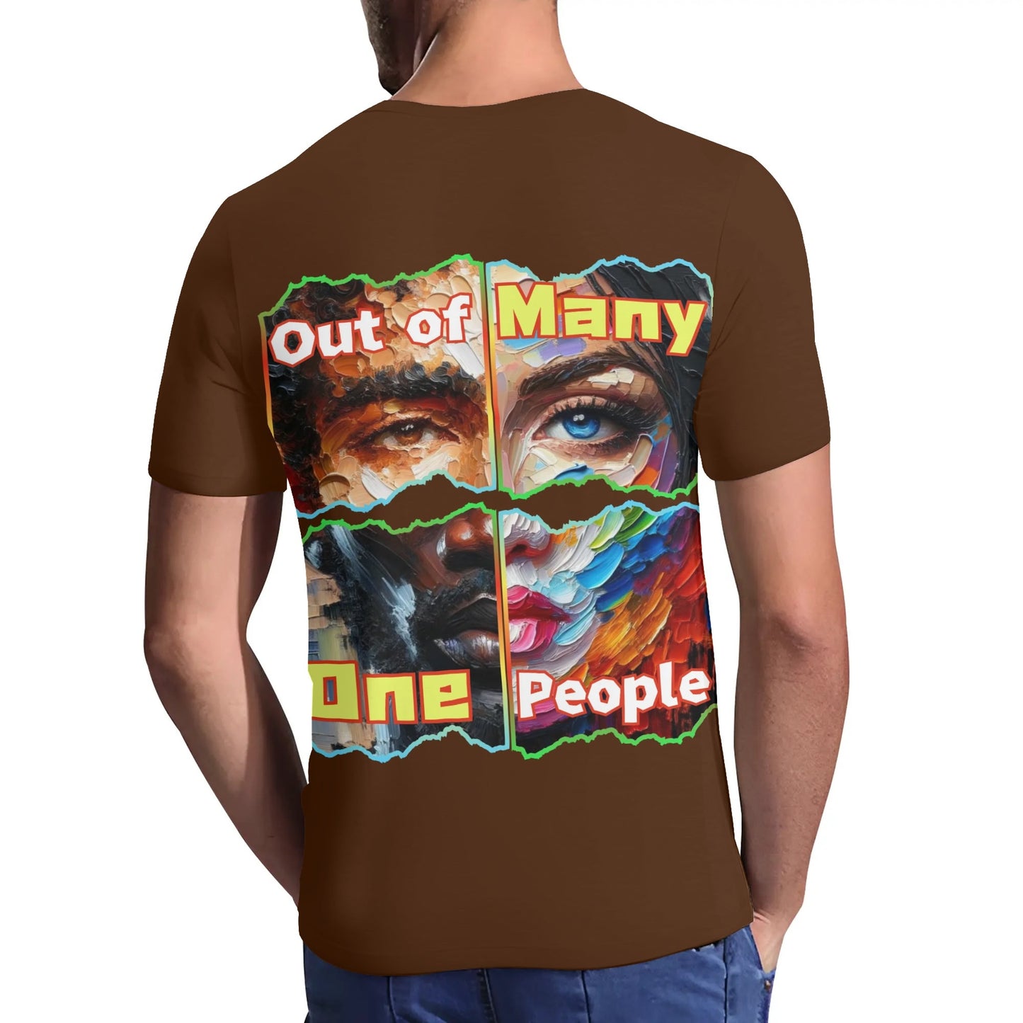 Mens Short Sleeve Soft Feel V-Neck T-Shirt "Out of Many, One People"