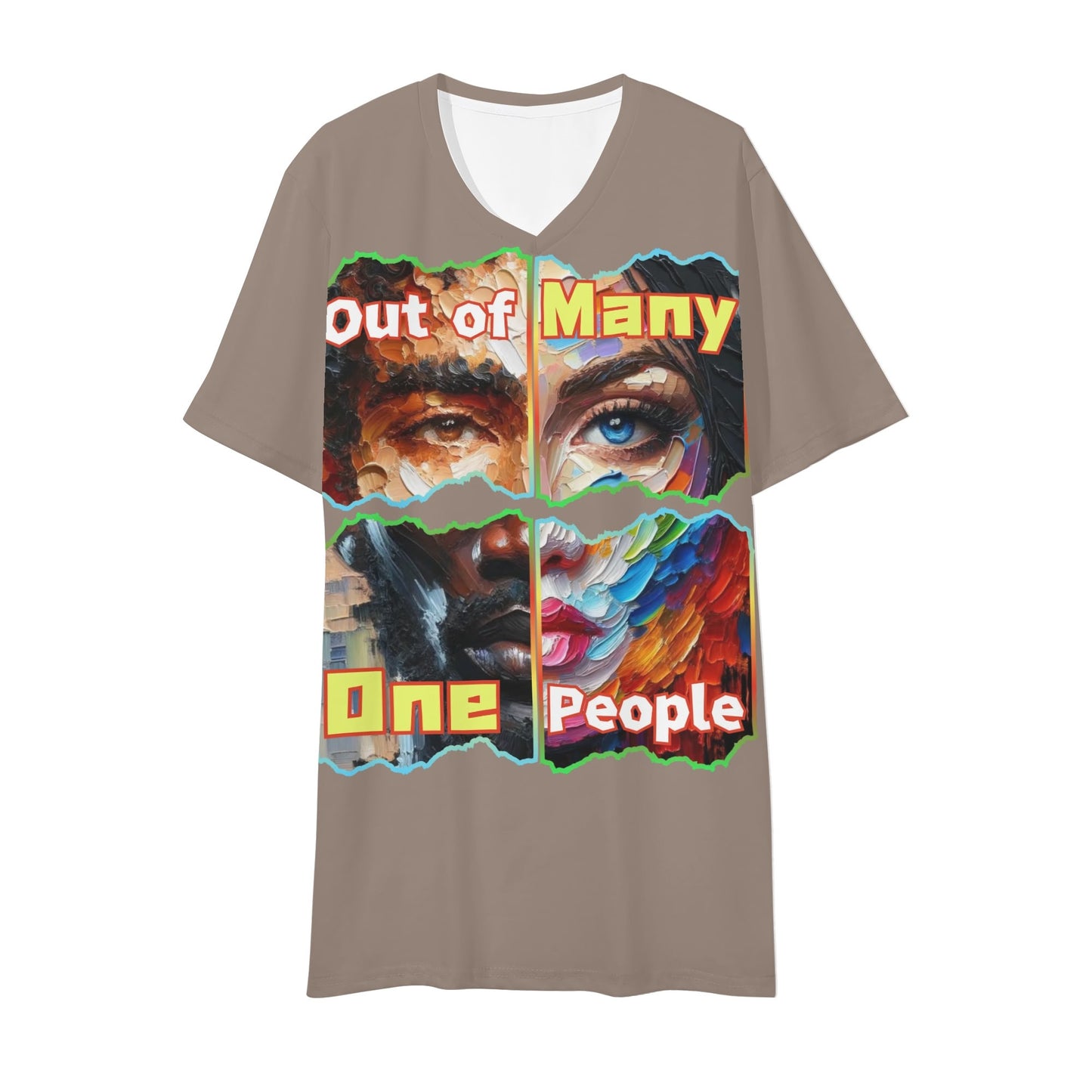 Mens Short Sleeve Soft Feel V-Neck T-Shirt "Out of Many, One People"