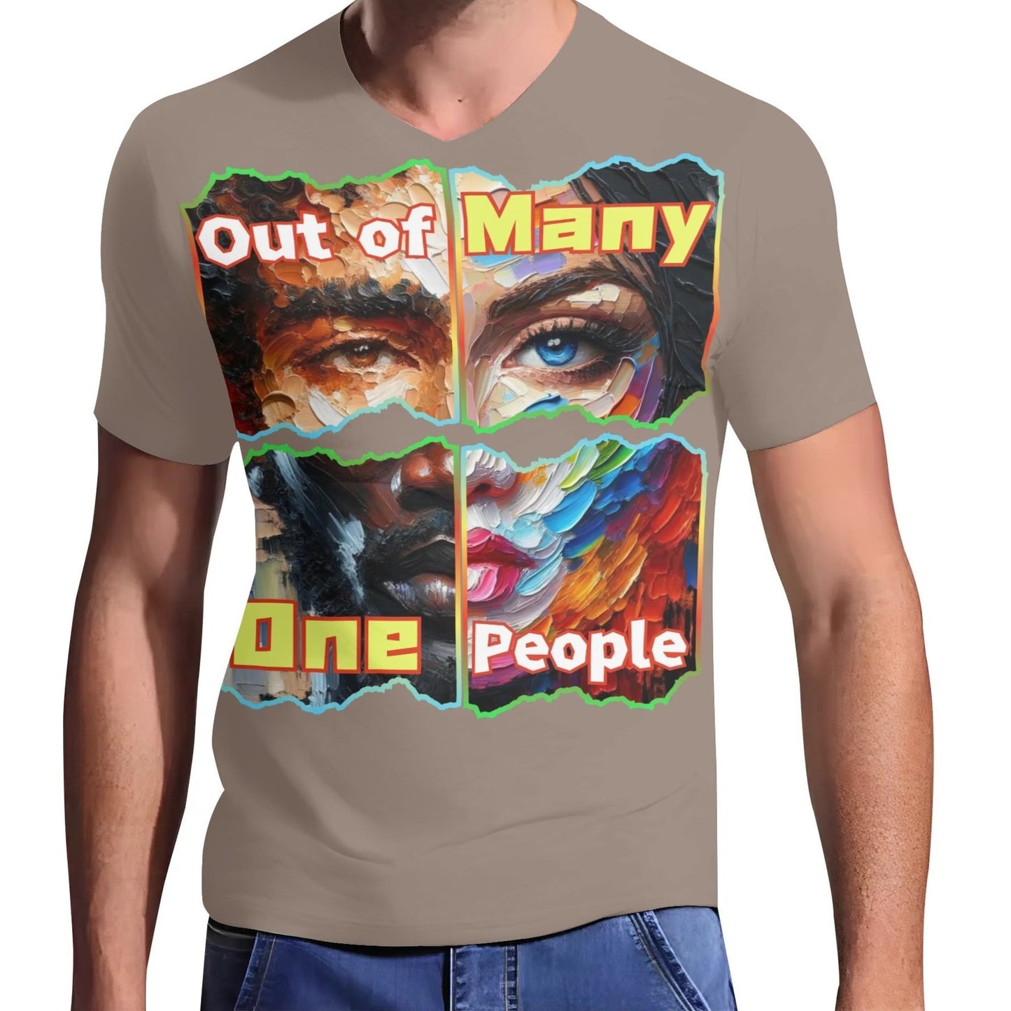 Mens Short Sleeve Soft Feel V-Neck T-Shirt "Out of Many, One People"