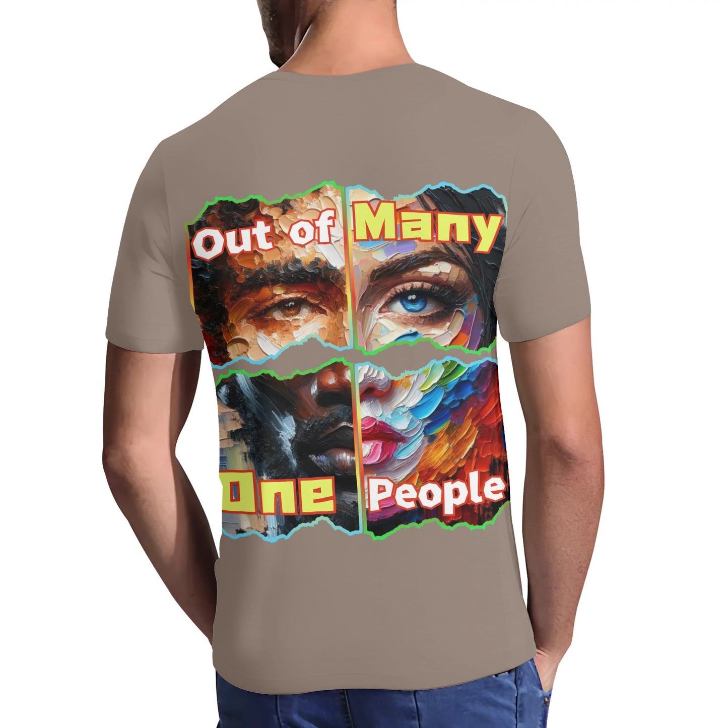 Mens Short Sleeve Soft Feel V-Neck T-Shirt "Out of Many, One People"