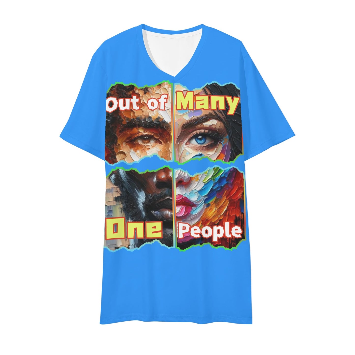 Mens Short Sleeve Soft Feel V-Neck T-Shirt "Out of Many, One People"