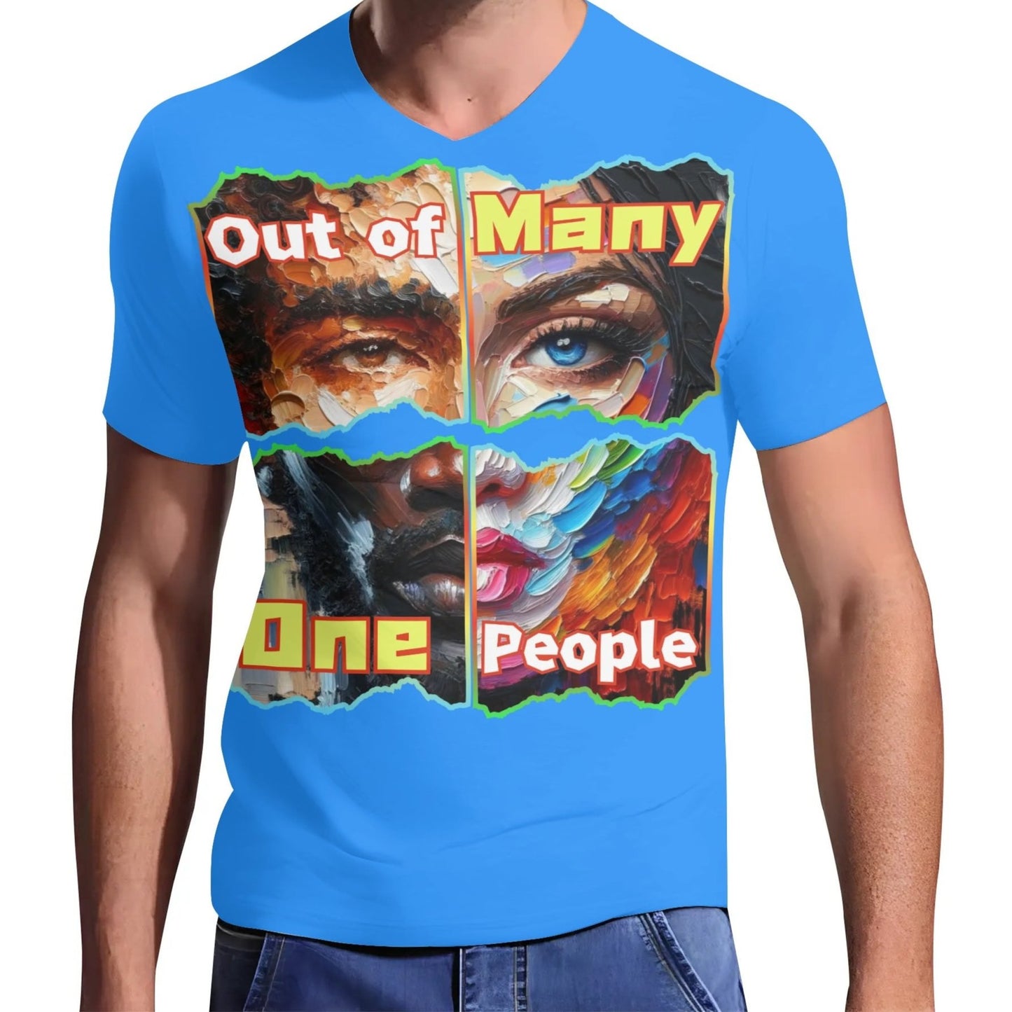 Mens Short Sleeve Soft Feel V-Neck T-Shirt "Out of Many, One People"