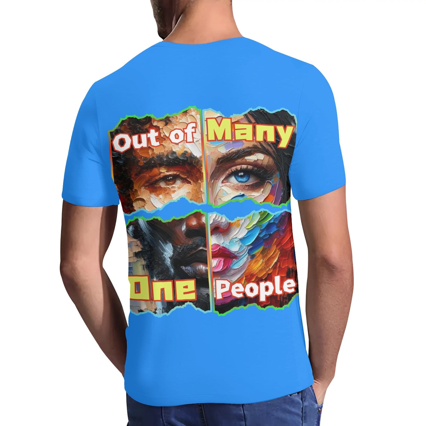 Mens Short Sleeve Soft Feel V-Neck T-Shirt "Out of Many, One People"