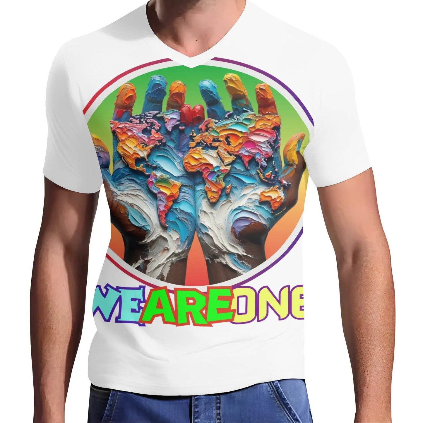 Mens Short Sleeve Soft Feel V-Neck T-Shirt "WeAreOne"