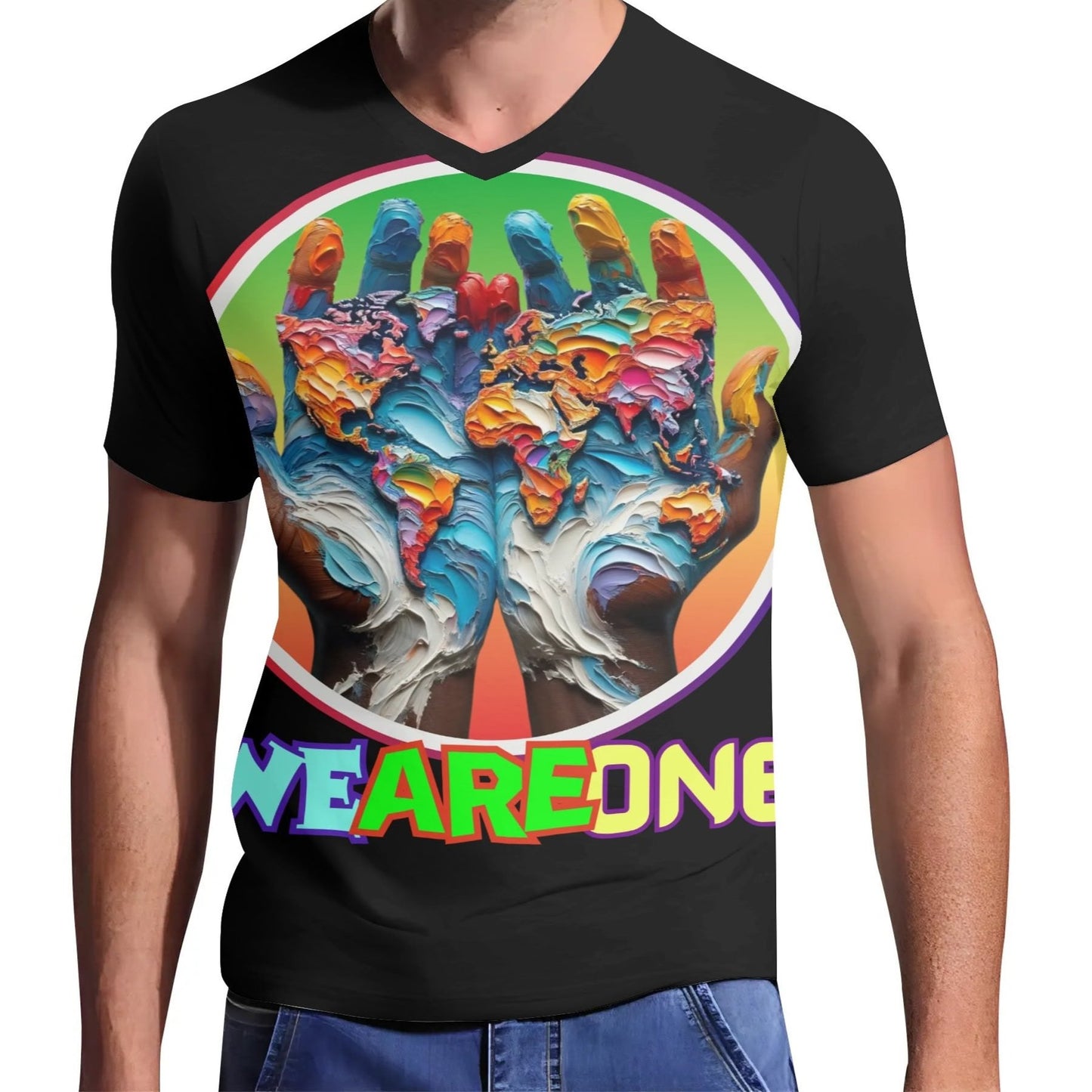 Mens Short Sleeve Soft Feel V-Neck T-Shirt "WeAreOne"