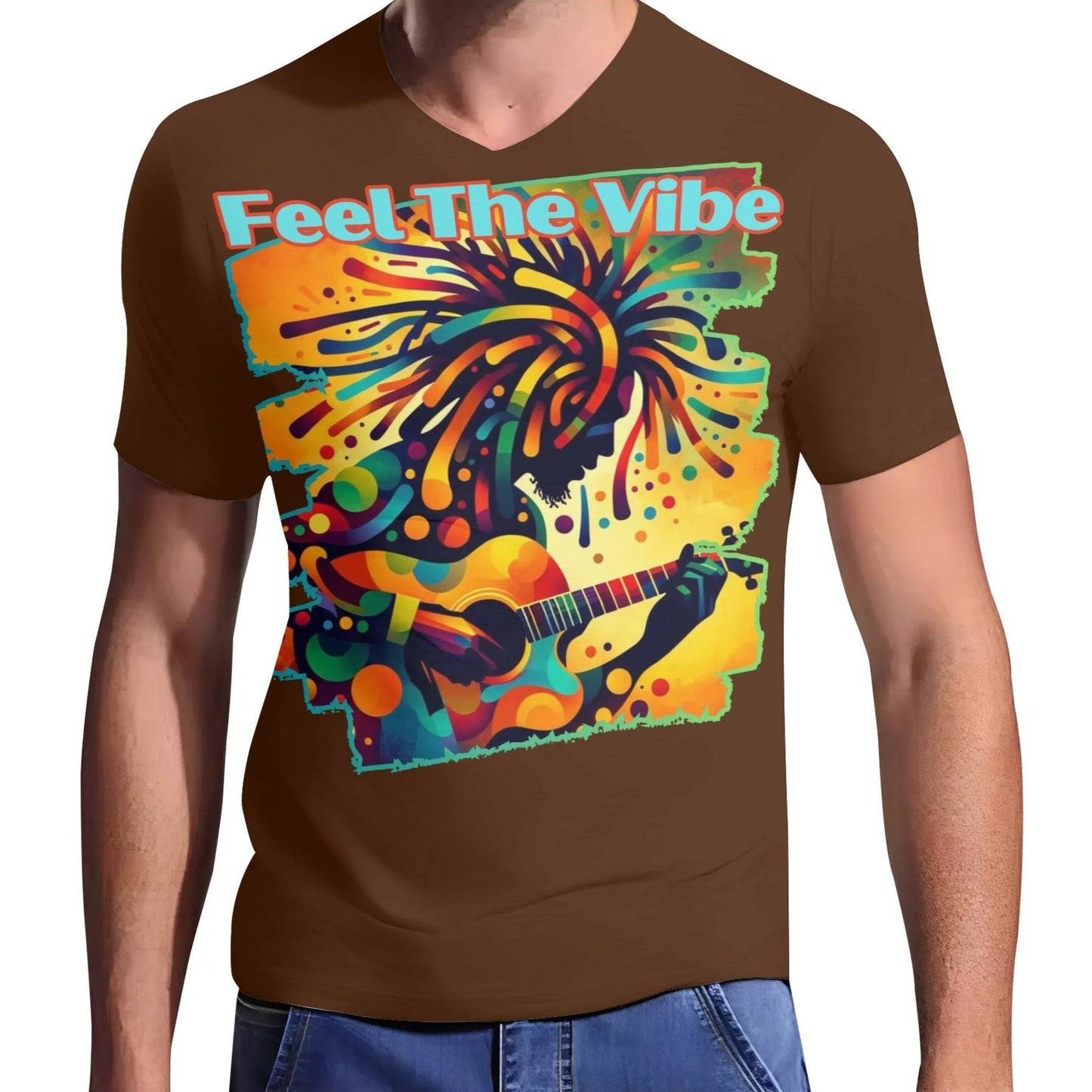 Mens Short Sleeve Soft Feel V-Neck T-Shirt "Feel the Vibe"