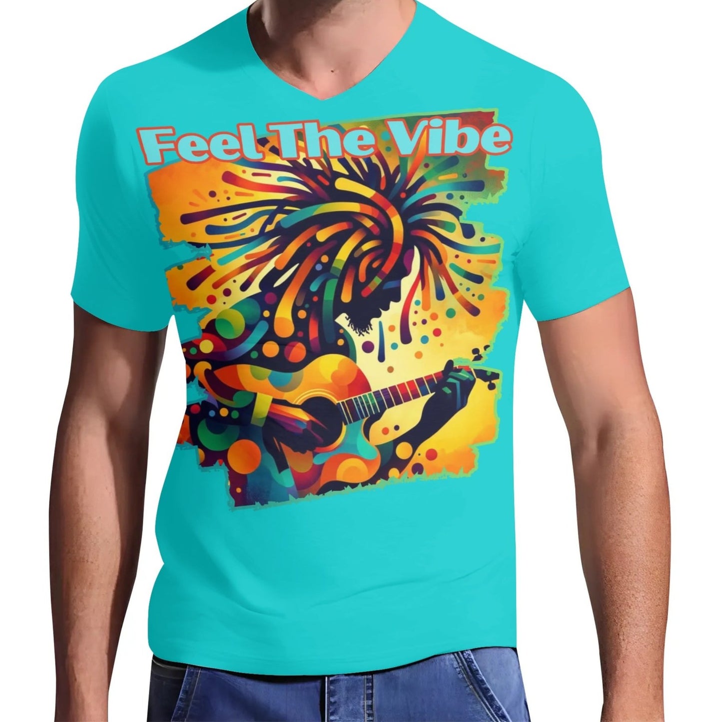 Mens Short Sleeve Soft Feel V-Neck T-Shirt "Feel the Vibe"