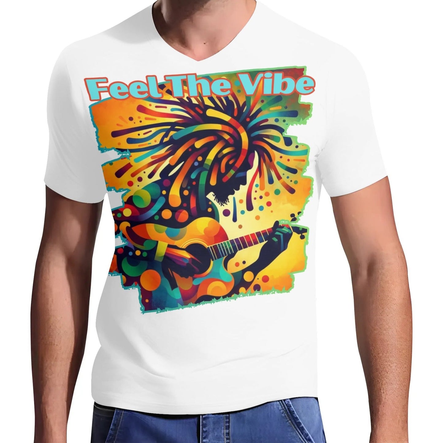 Mens Short Sleeve Soft Feel V-Neck T-Shirt "Feel the Vibe"