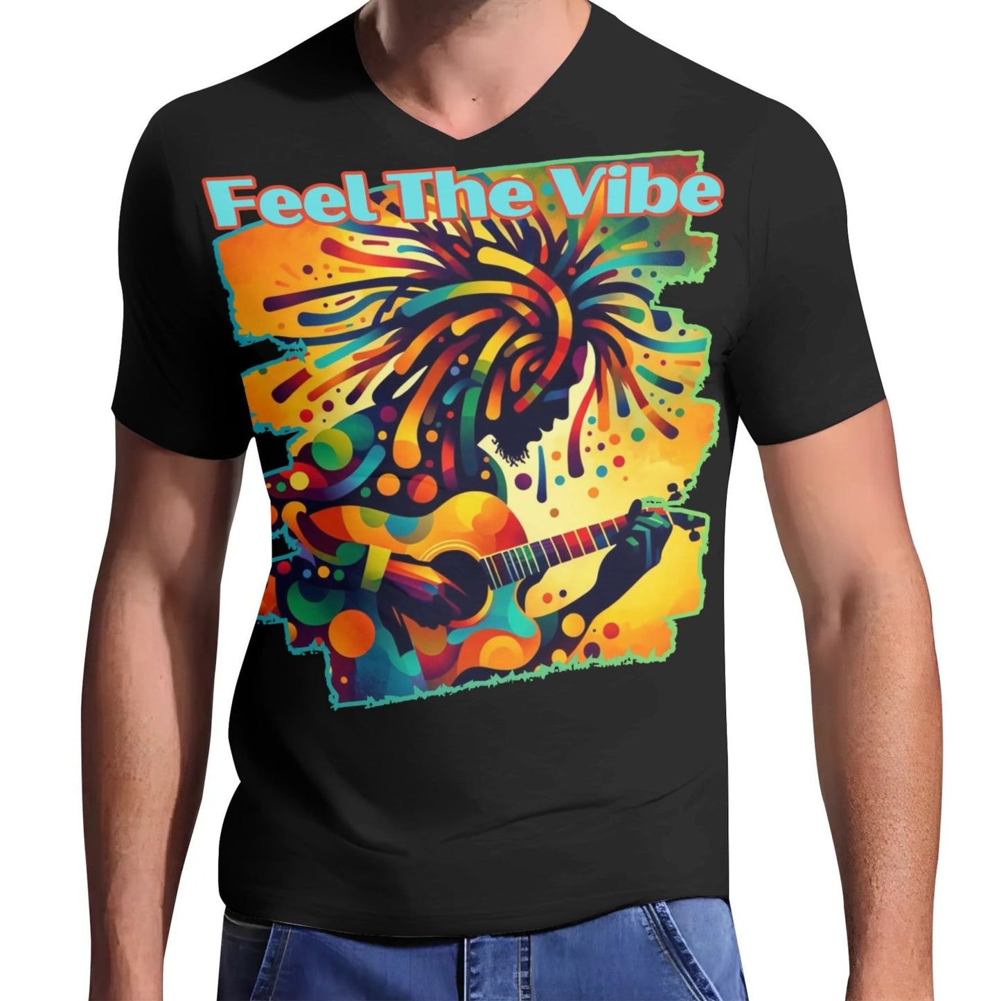 Mens Short Sleeve Soft Feel V-Neck T-Shirt "Feel the Vibe"