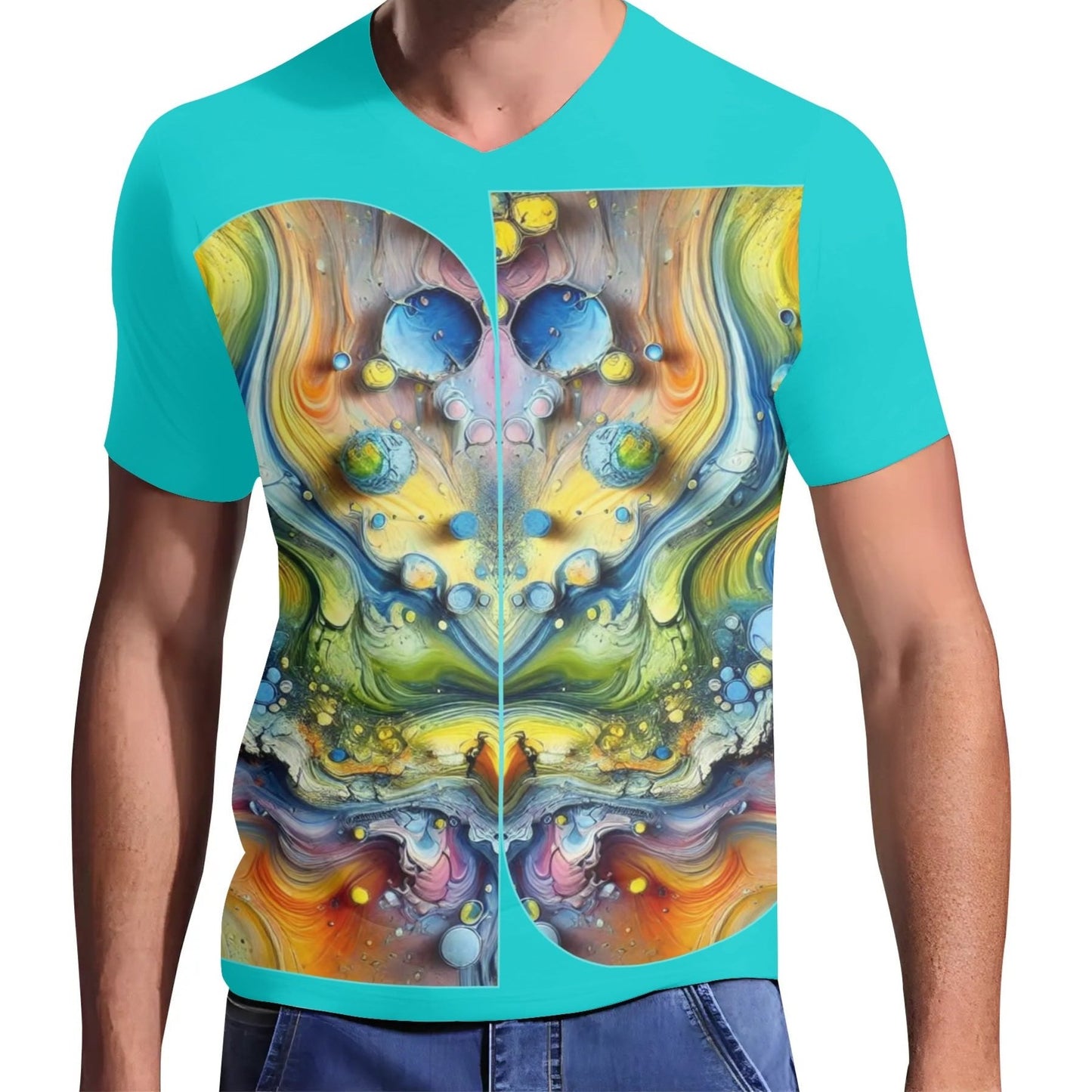 Mens Short Sleeve Soft Feel V-Neck T-Shirt (Abstract Print)