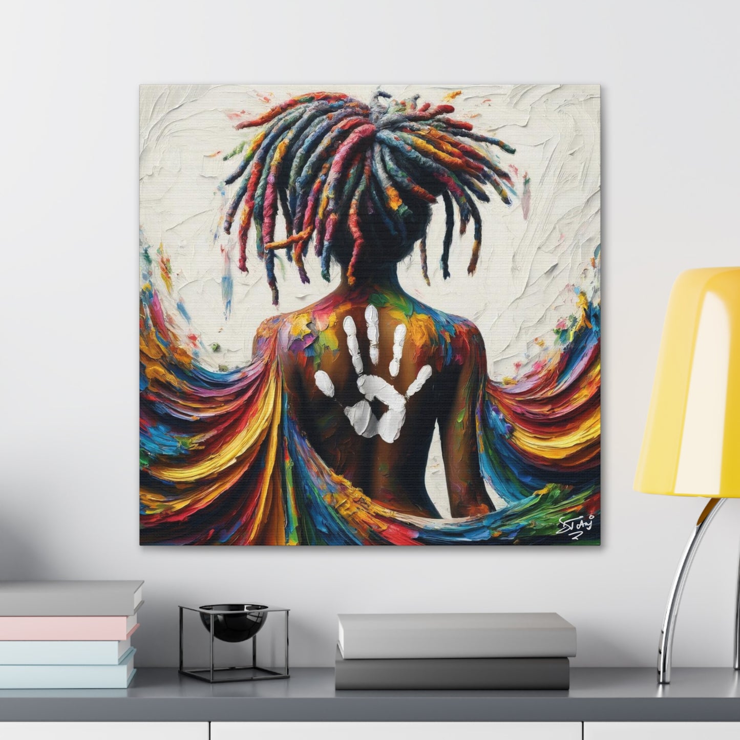 Art Print, Afro-Caribbean Woman, "White Hand on Back," Oil Finish, West Indian Ethnicity, Cultural, Heritage, Semi-Abstract, Canvas Gallery Wrap