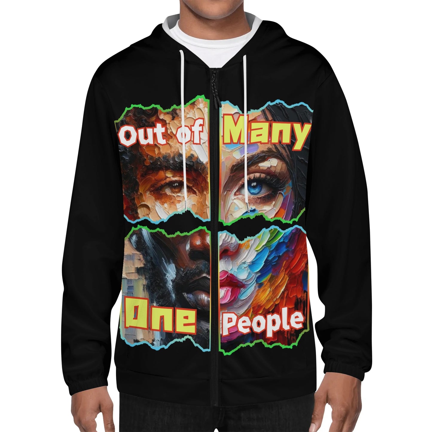 Mens Lightweight All Over Print Zip Hoodie "Out of Many, One People"