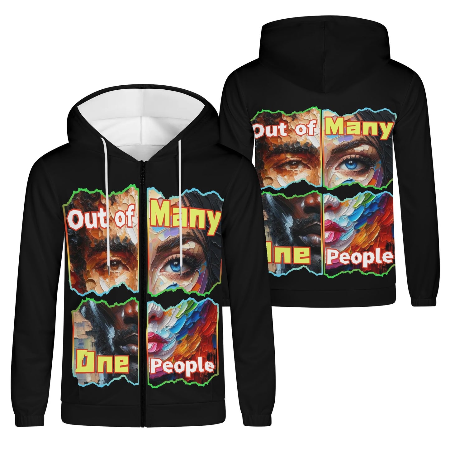 Mens Lightweight All Over Print Zip Hoodie "Out of Many, One People"