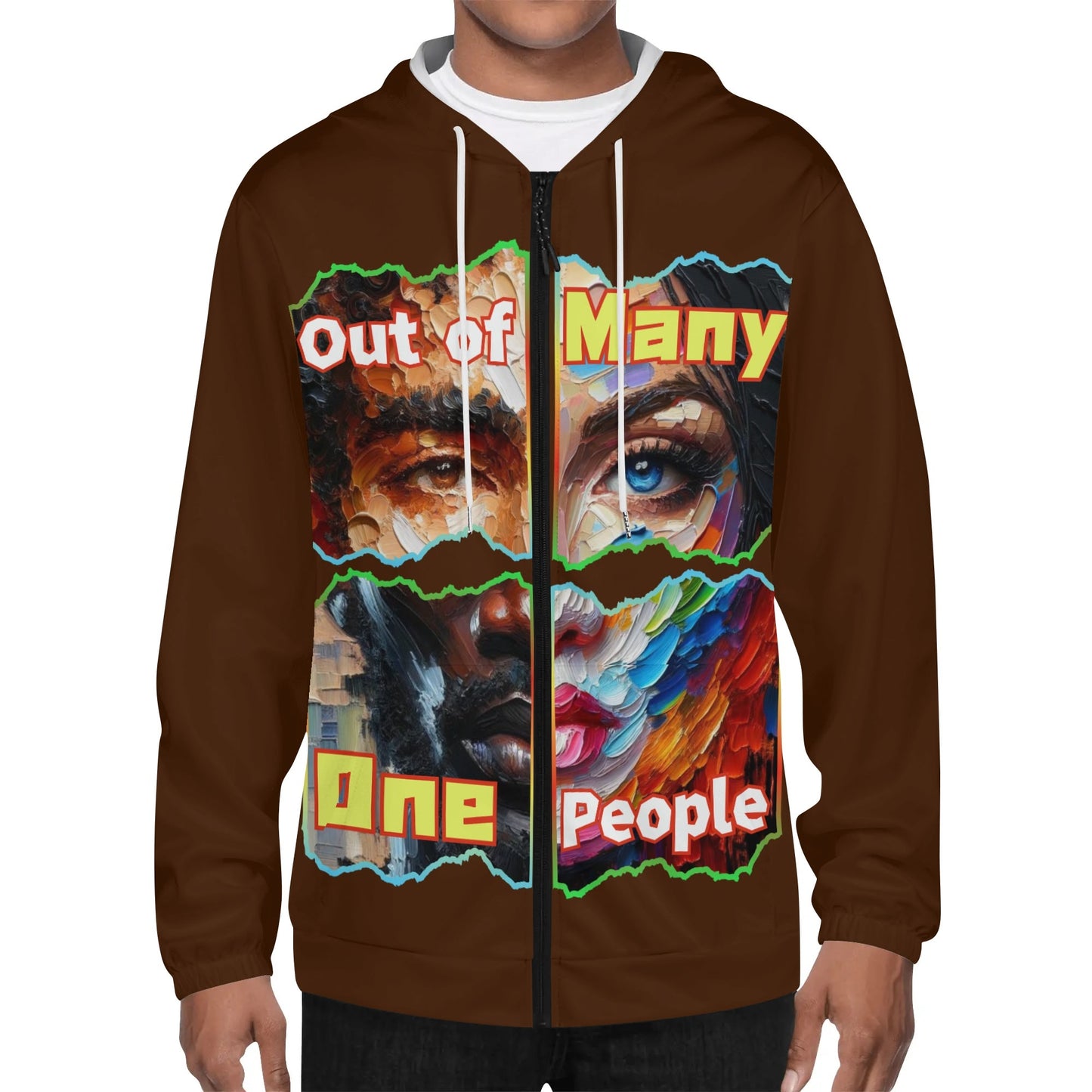 Mens Lightweight All Over Print Zip Hoodie "Out of Many, One People"