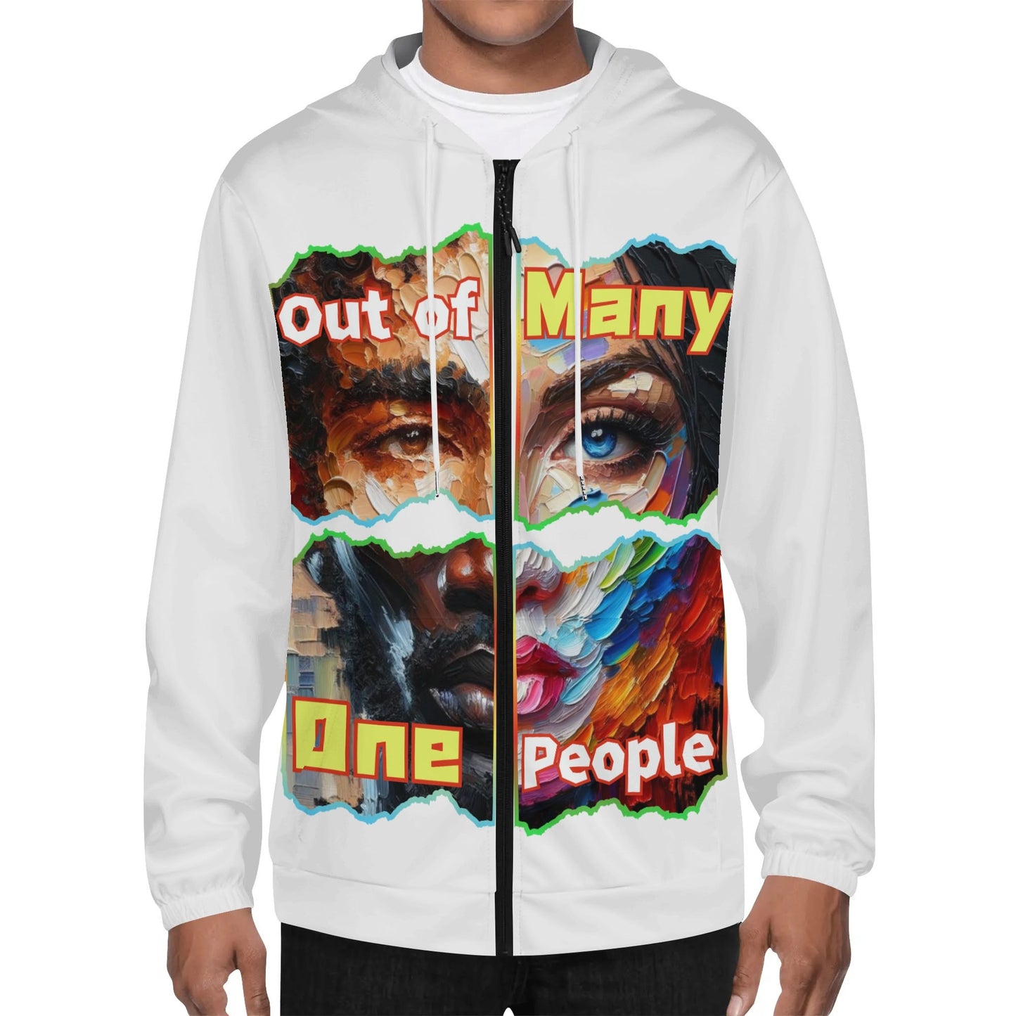 Mens Lightweight All Over Print Zip Hoodie "Out of Many, One People"