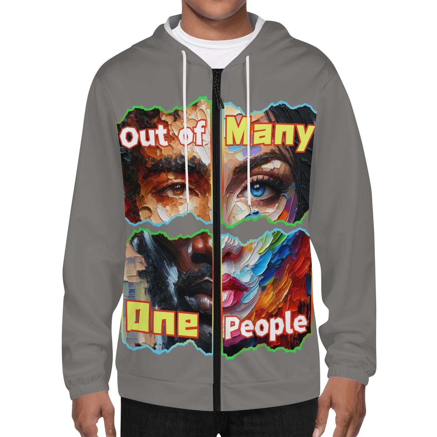 Mens Lightweight All Over Print Zip Hoodie "Out of Many, One People"