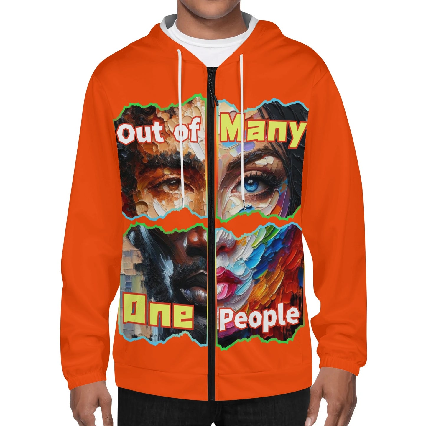 Mens Lightweight All Over Print Zip Hoodie "Out of Many, One People"