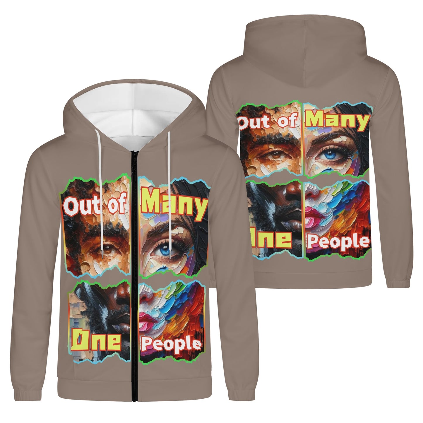 Mens Lightweight All Over Print Zip Hoodie "Out of Many, One People"