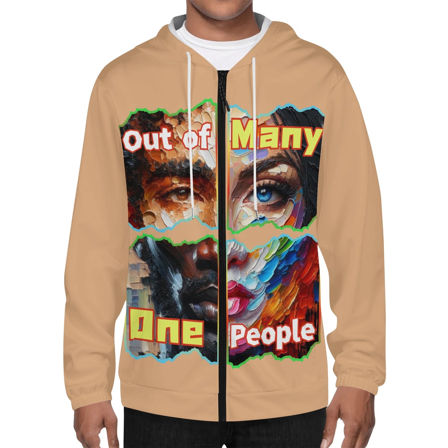 Mens Lightweight All Over Print Zip Hoodie "Out of Many, One People"