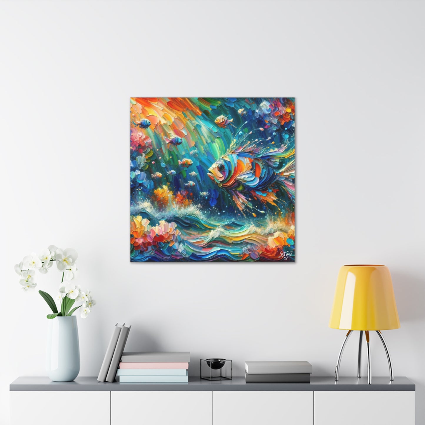 Art Print, Fishes in Coral Reef, Oil Finish, Caribbean Nature, Semi-Abstract, Canvas Gallery Wrap