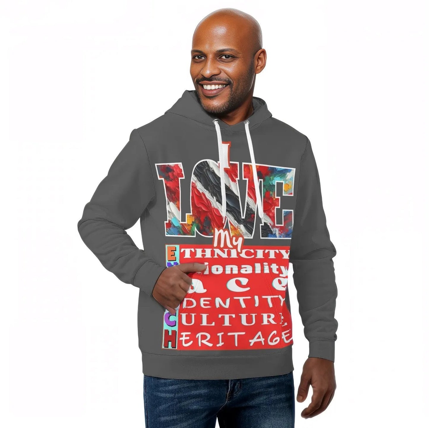 Mens All Over Print Warm Velvet Lined Hoodie "I Love My ENRICH; Trini 2D Bone"