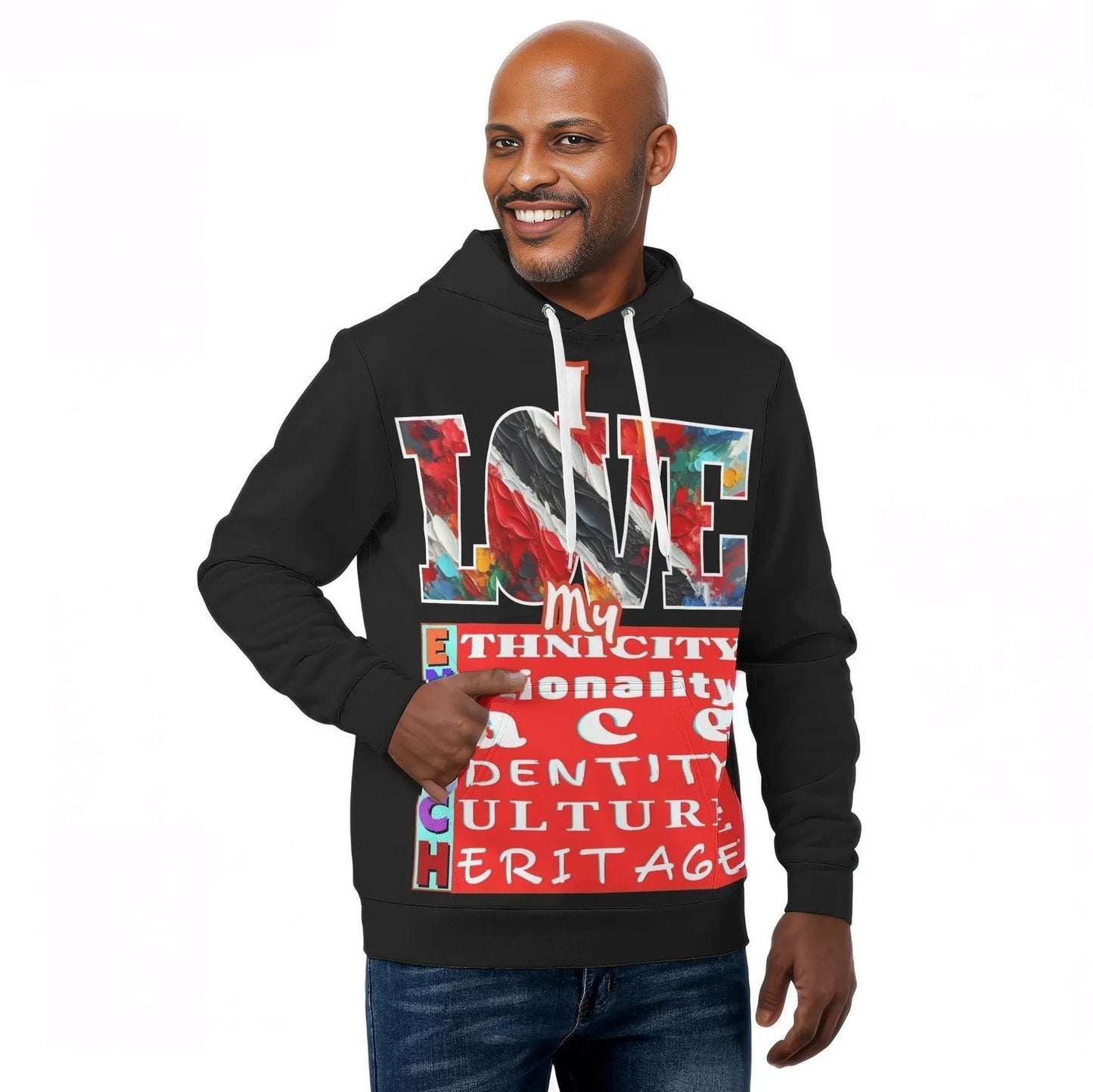 Mens All Over Print Warm Velvet Lined Hoodie "I Love My ENRICH; Trini 2D Bone"