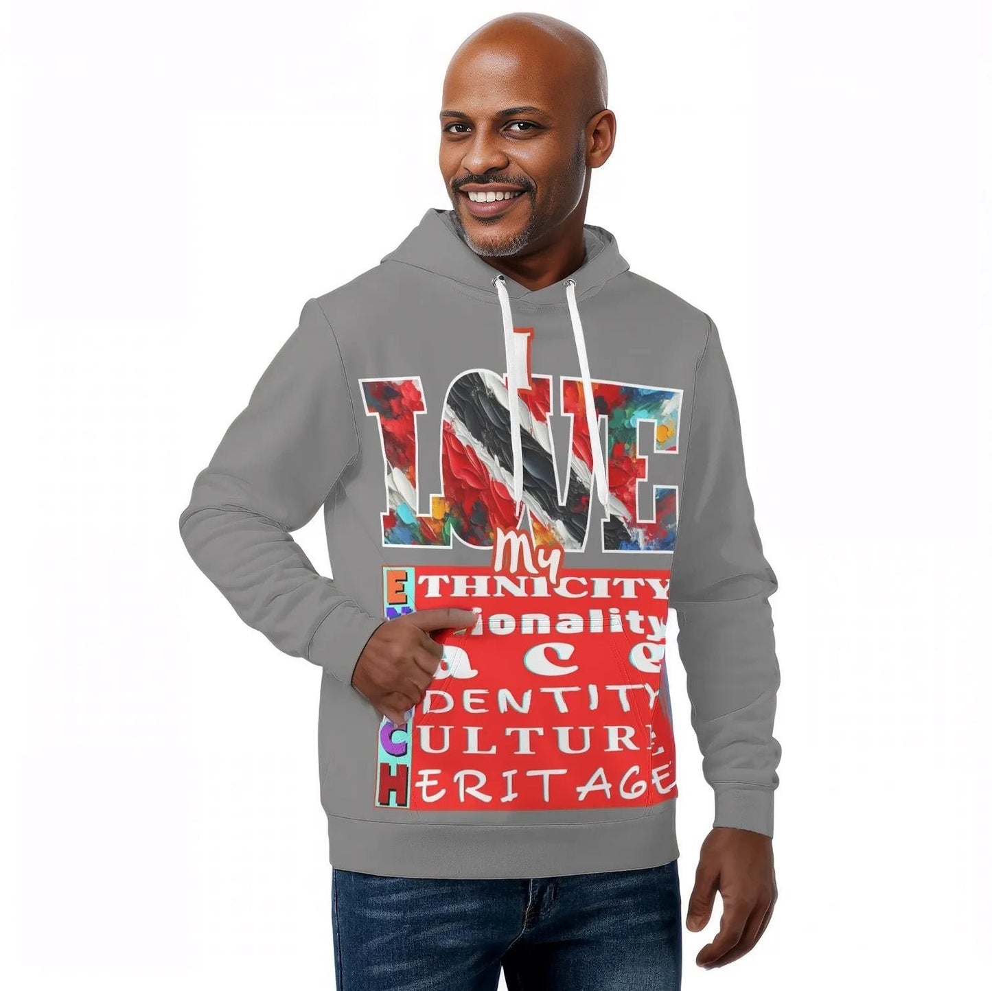 Mens All Over Print Warm Velvet Lined Hoodie "I Love My ENRICH; Trini 2D Bone"