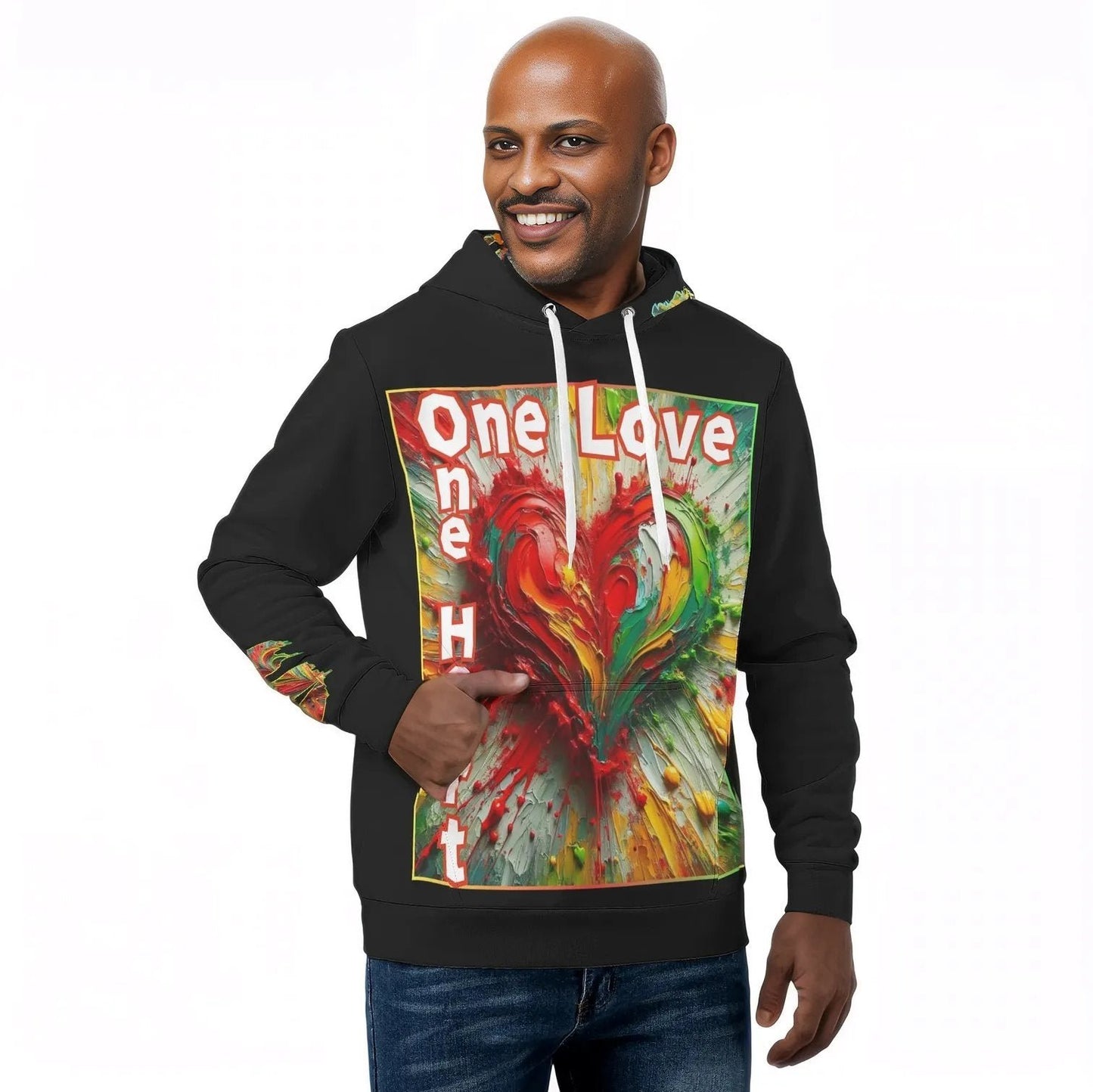 Mens All Over Print Warm Velvet Lined Hoodie "One Love One Heart"