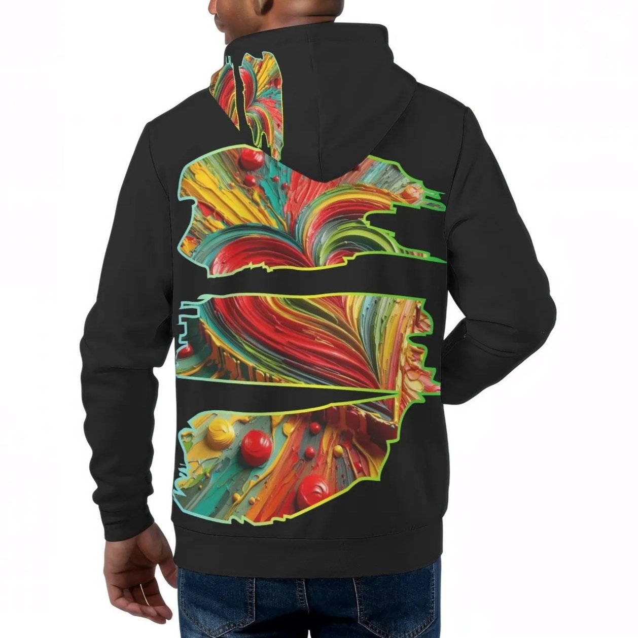 Mens All Over Print Warm Velvet Lined Hoodie "One Love One Heart"