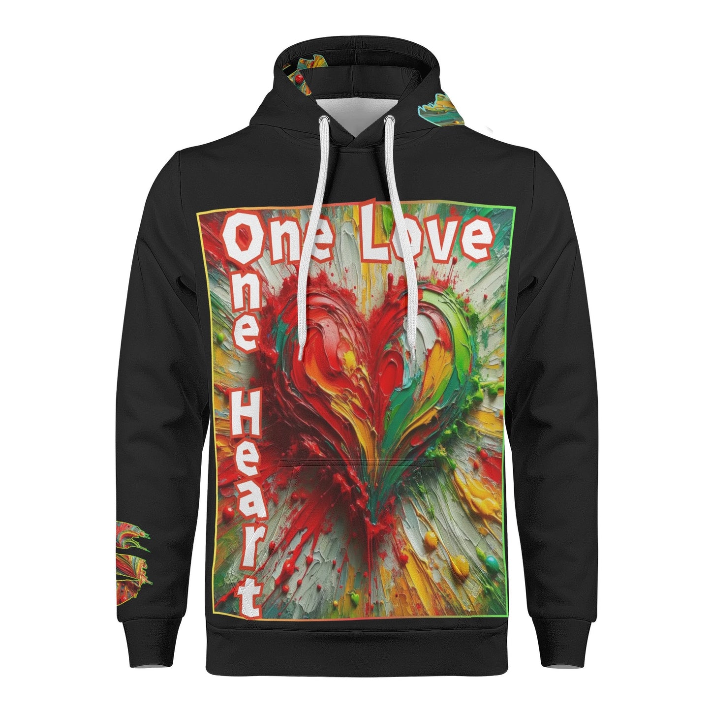 Mens All Over Print Warm Velvet Lined Hoodie "One Love One Heart"