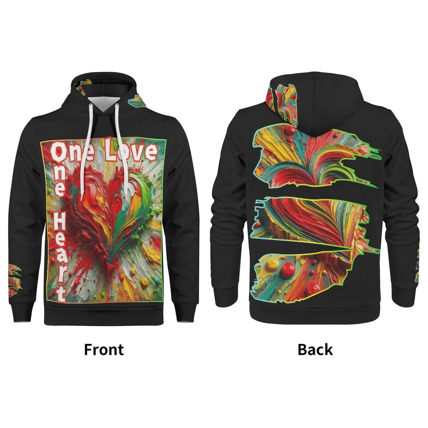 Mens All Over Print Warm Velvet Lined Hoodie "One Love One Heart"