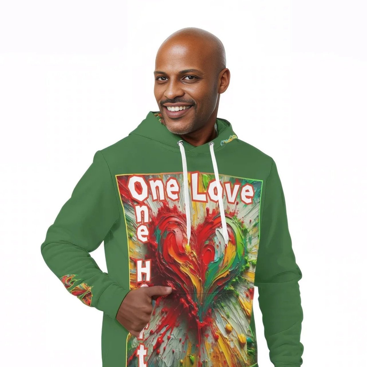 Mens All Over Print Warm Velvet Lined Hoodie "One Love One Heart"