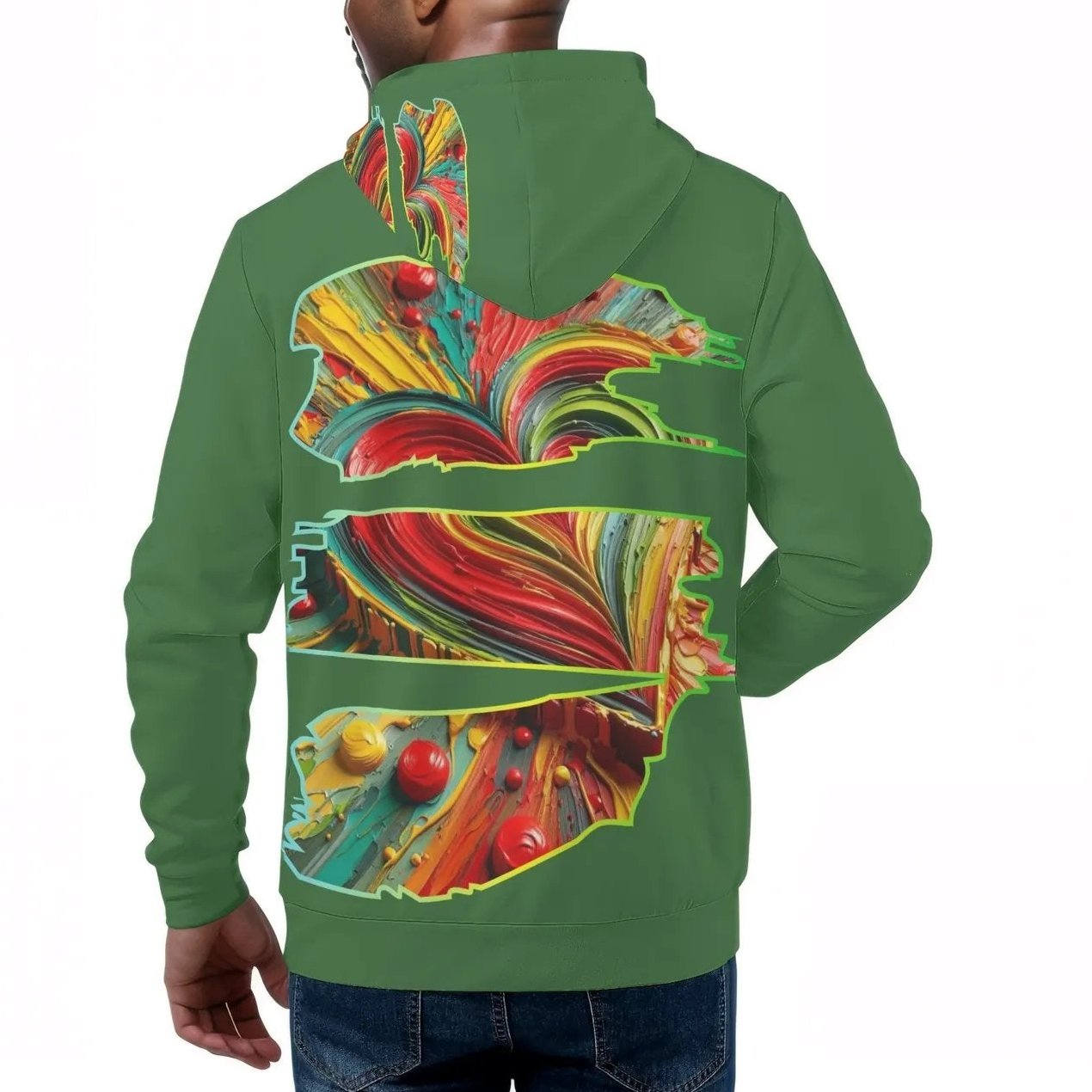 Mens All Over Print Warm Velvet Lined Hoodie "One Love One Heart"