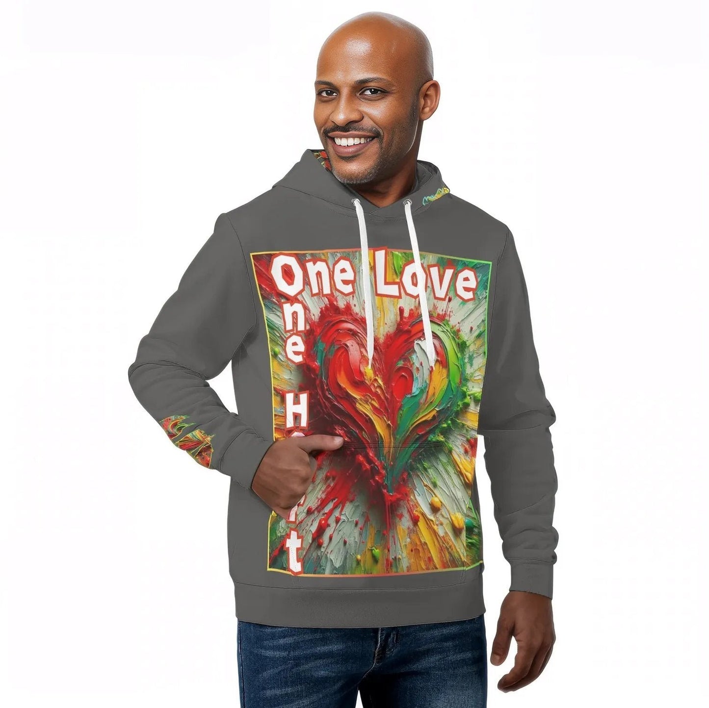 Mens All Over Print Warm Velvet Lined Hoodie "One Love One Heart"