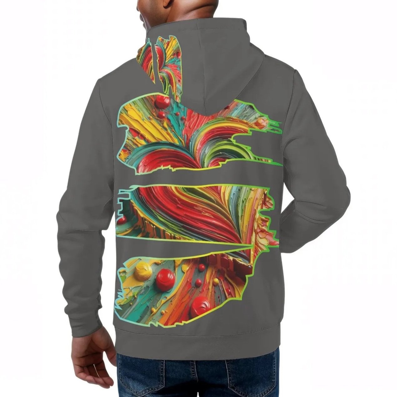 Mens All Over Print Warm Velvet Lined Hoodie "One Love One Heart"