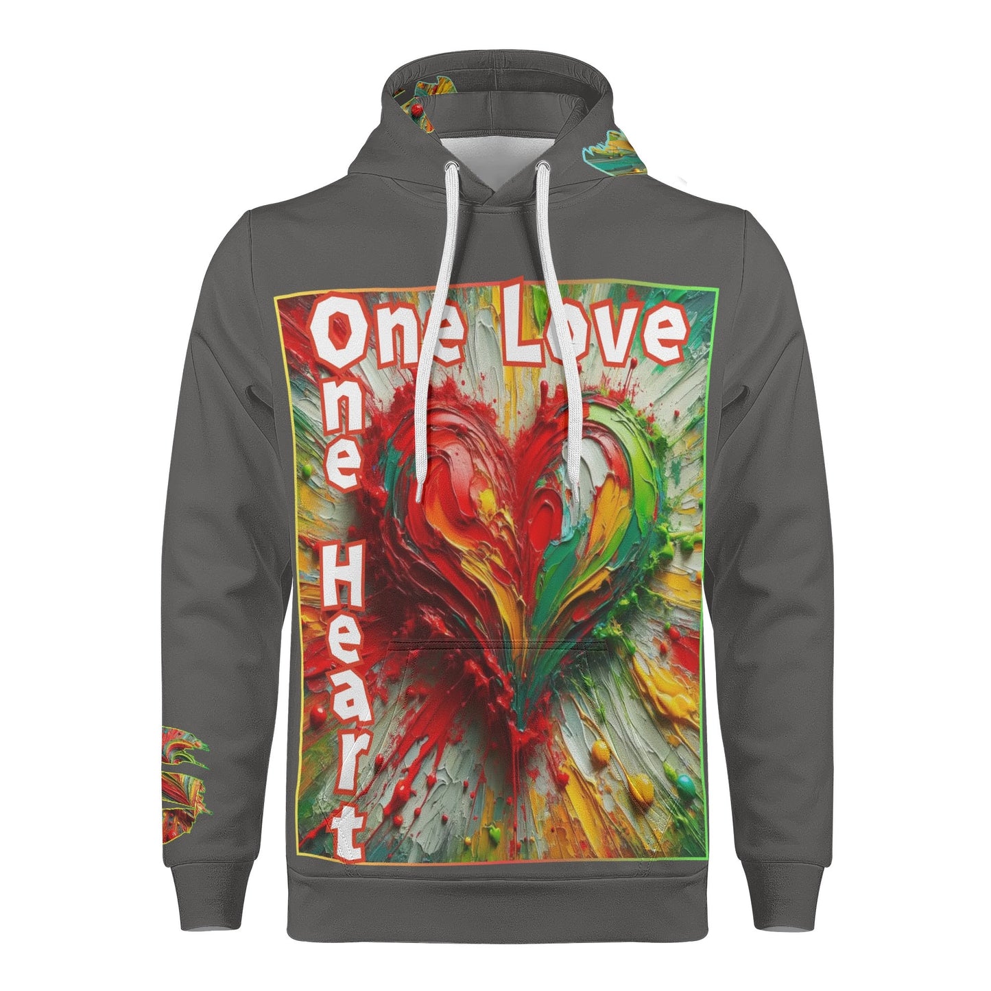 Mens All Over Print Warm Velvet Lined Hoodie "One Love One Heart"