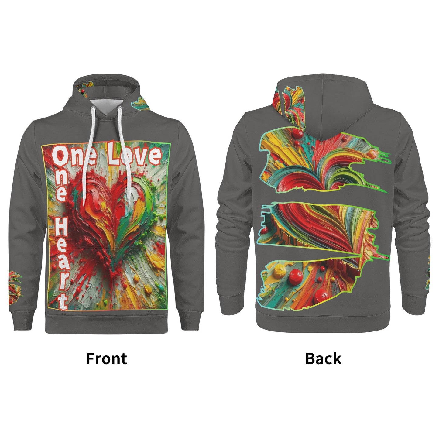 Mens All Over Print Warm Velvet Lined Hoodie "One Love One Heart"