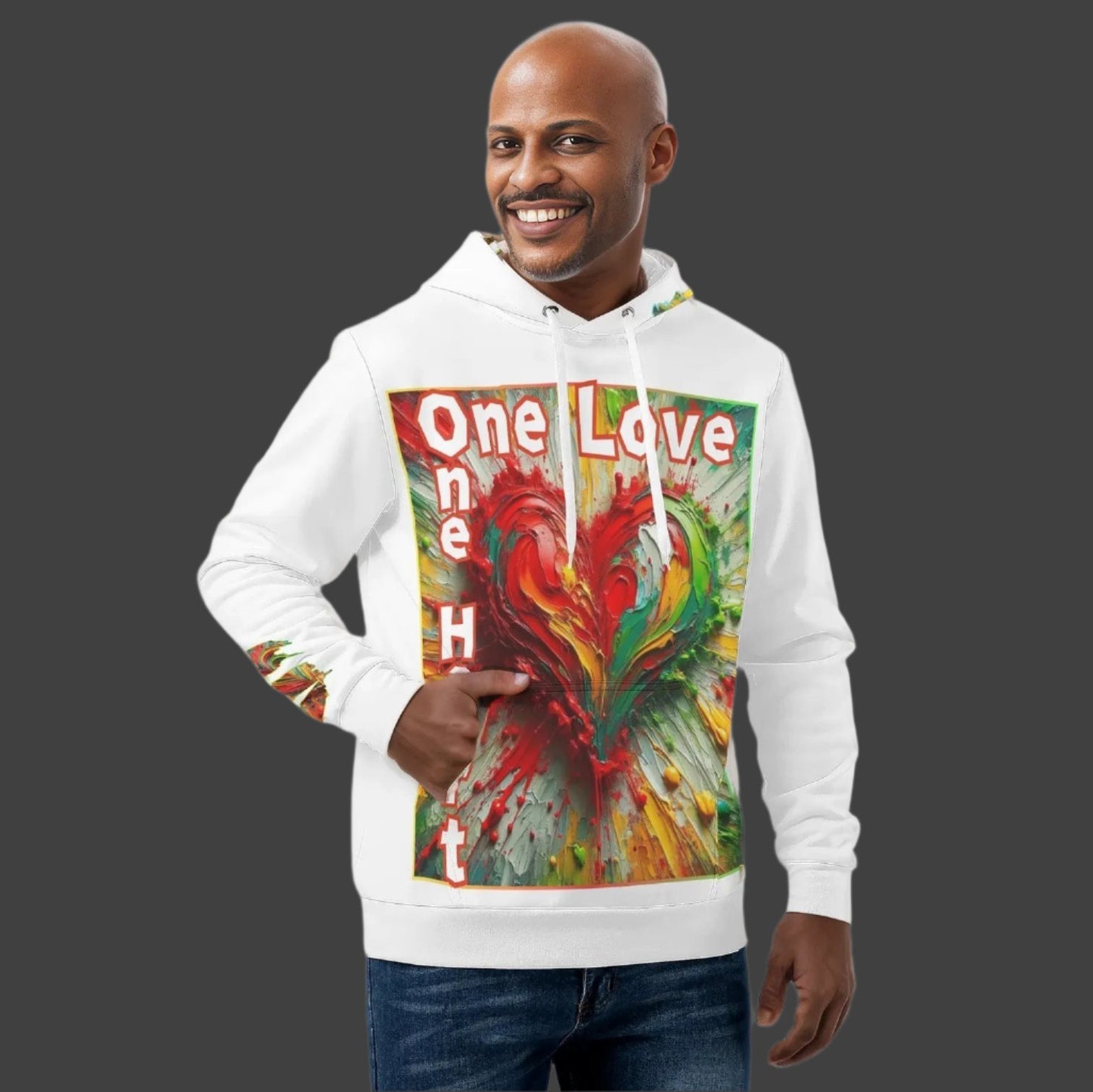 Mens All Over Print Warm Velvet Lined Hoodie "One Love One Heart"