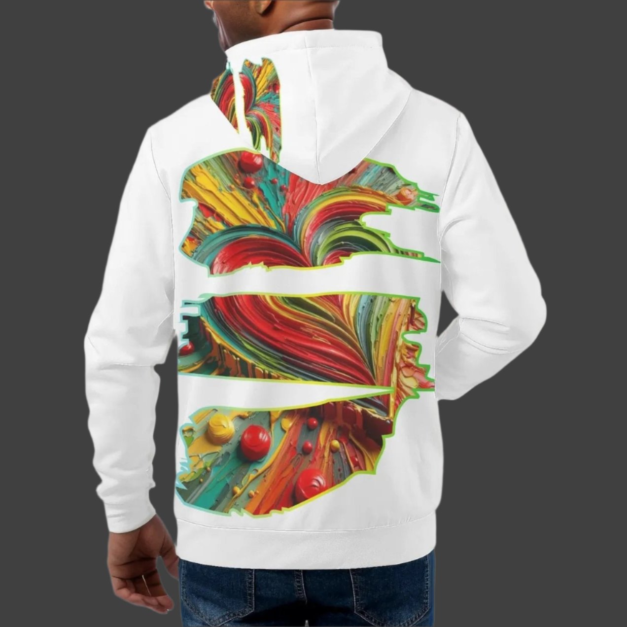 Mens All Over Print Warm Velvet Lined Hoodie "One Love One Heart"