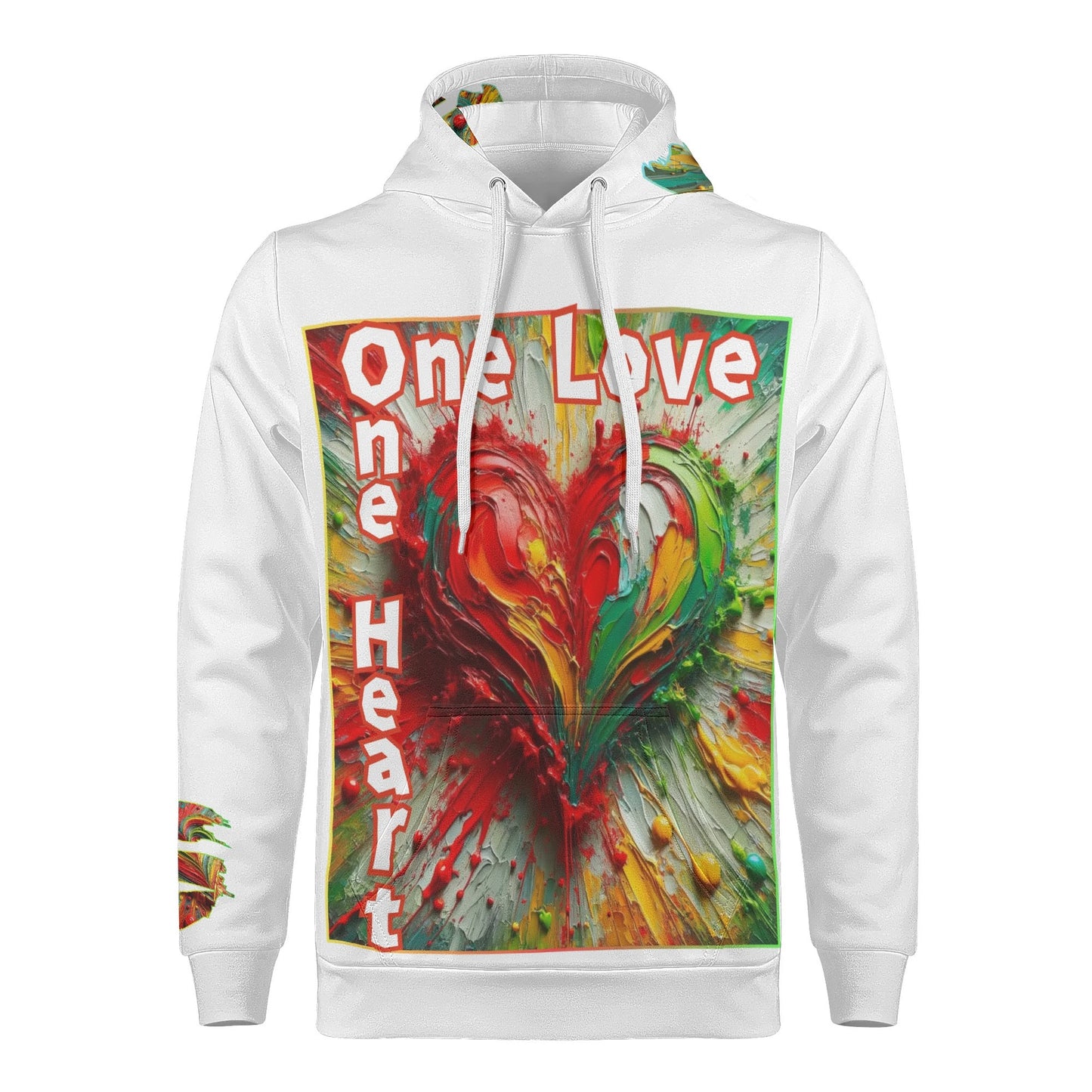 Mens All Over Print Warm Velvet Lined Hoodie "One Love One Heart"