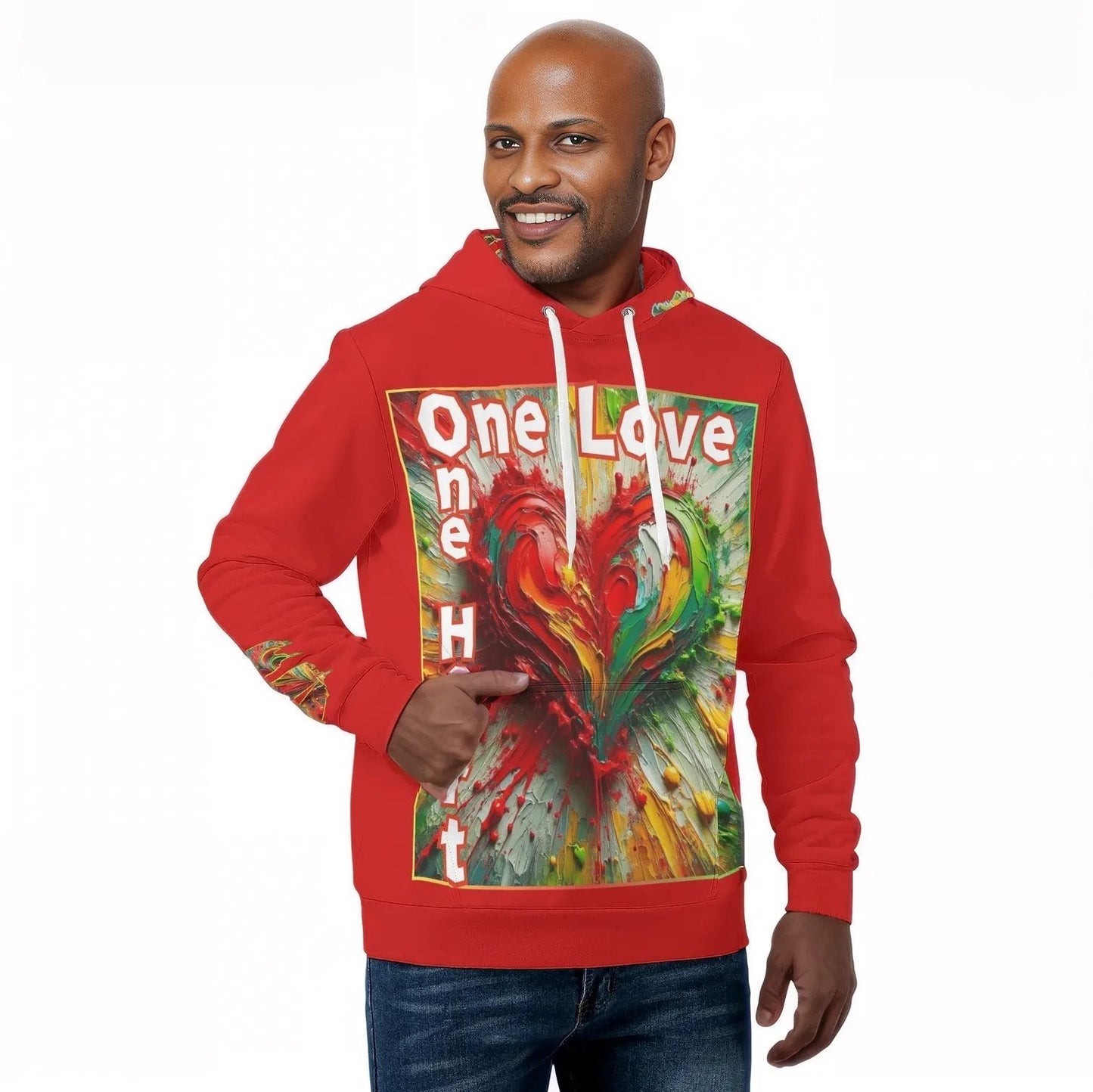 Mens All Over Print Warm Velvet Lined Hoodie "One Love One Heart"