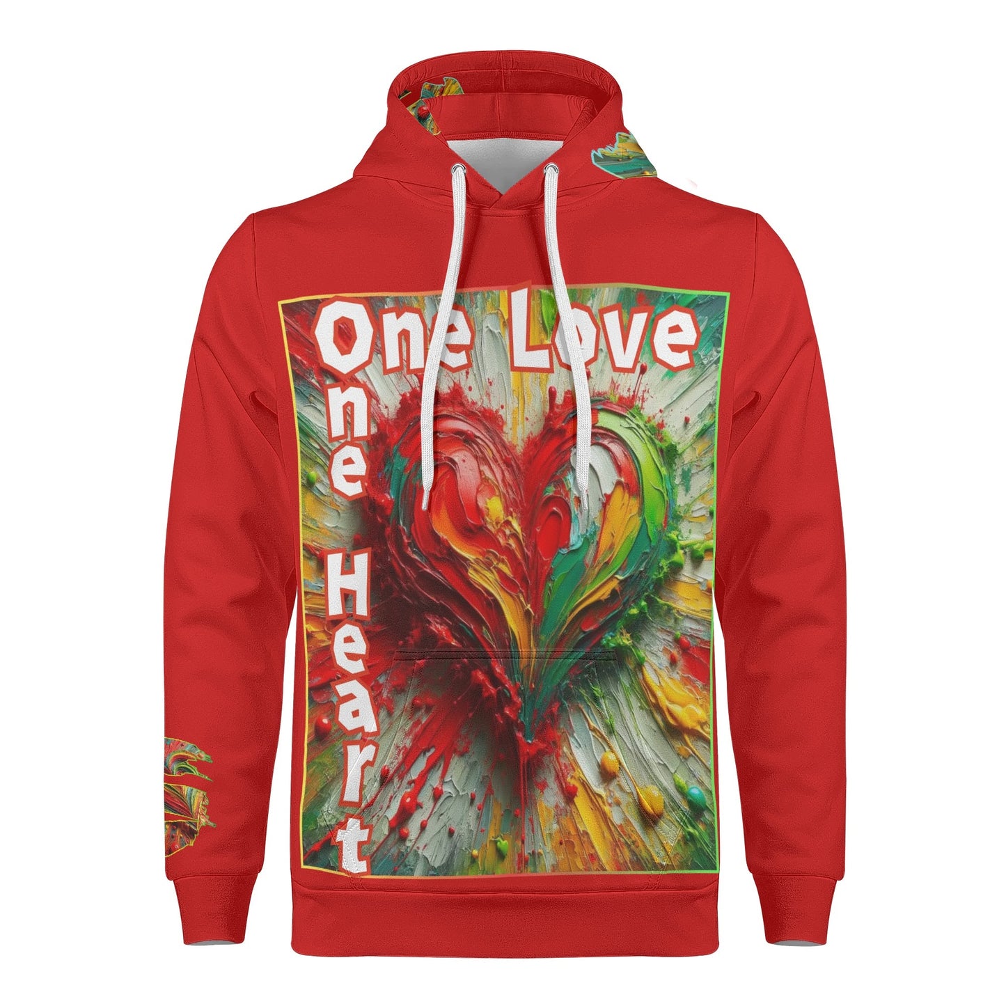 Mens All Over Print Warm Velvet Lined Hoodie "One Love One Heart"