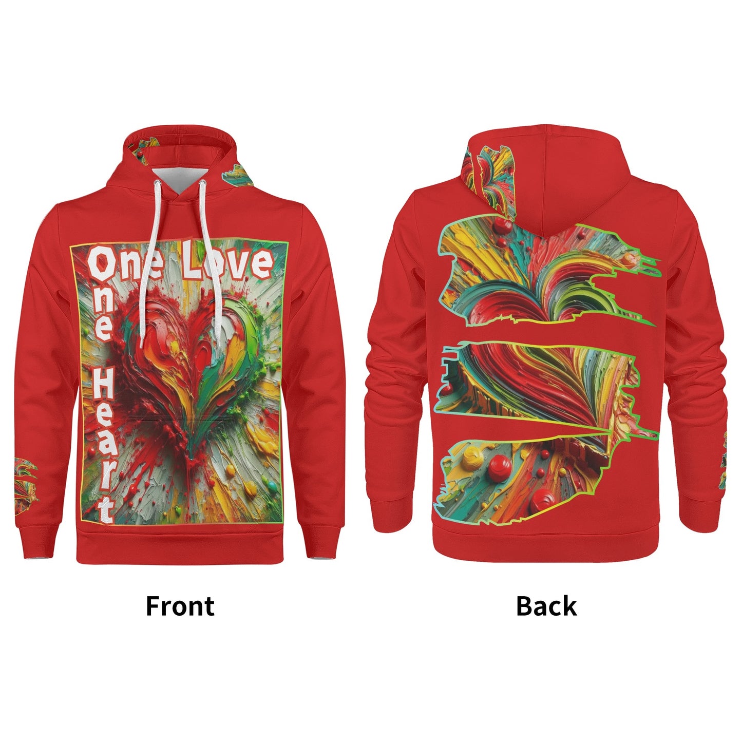 Mens All Over Print Warm Velvet Lined Hoodie "One Love One Heart"