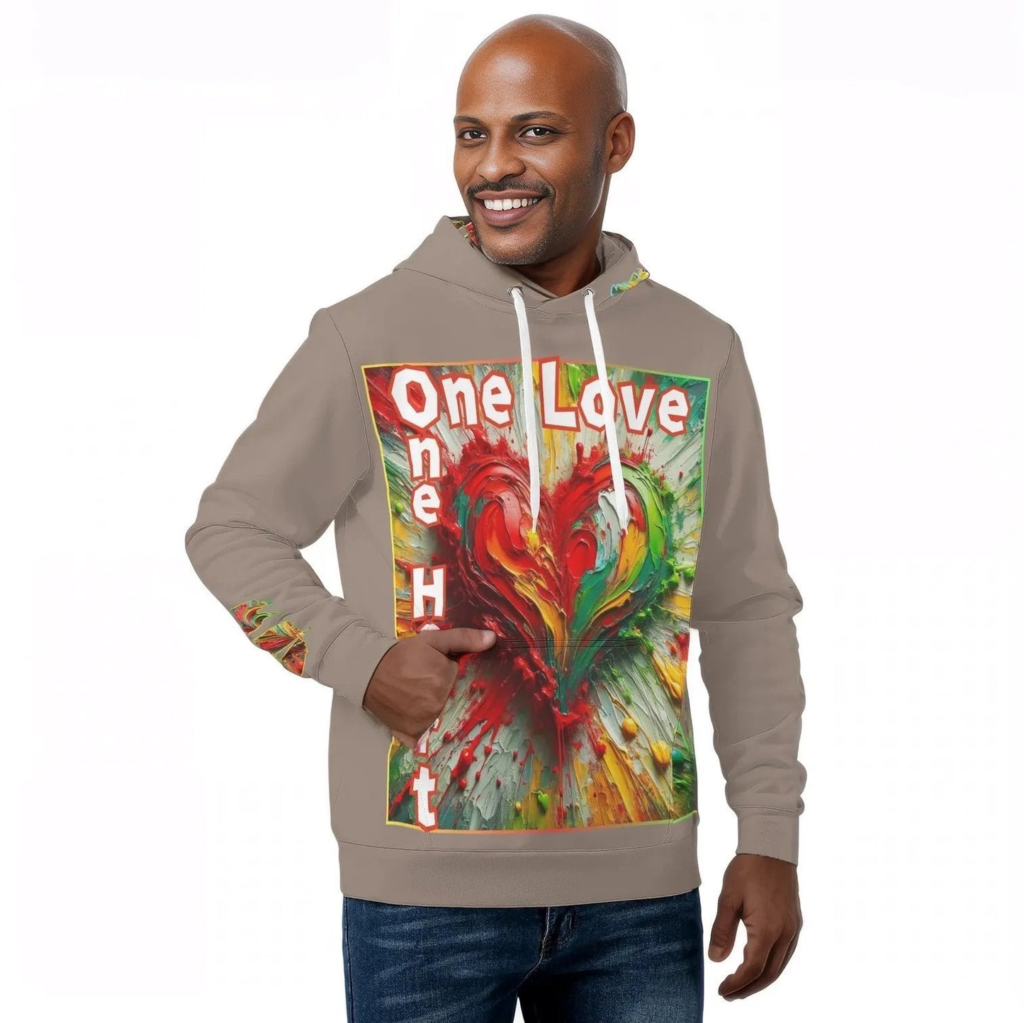 Mens All Over Print Warm Velvet Lined Hoodie "One Love One Heart"