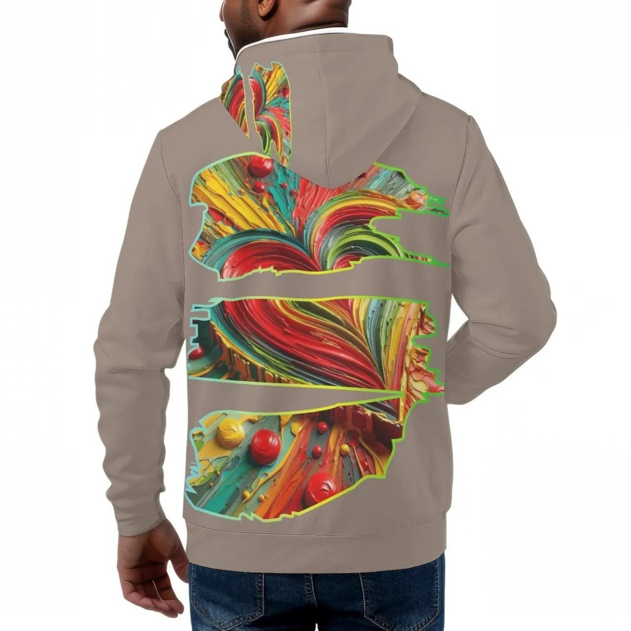 Mens All Over Print Warm Velvet Lined Hoodie "One Love One Heart"