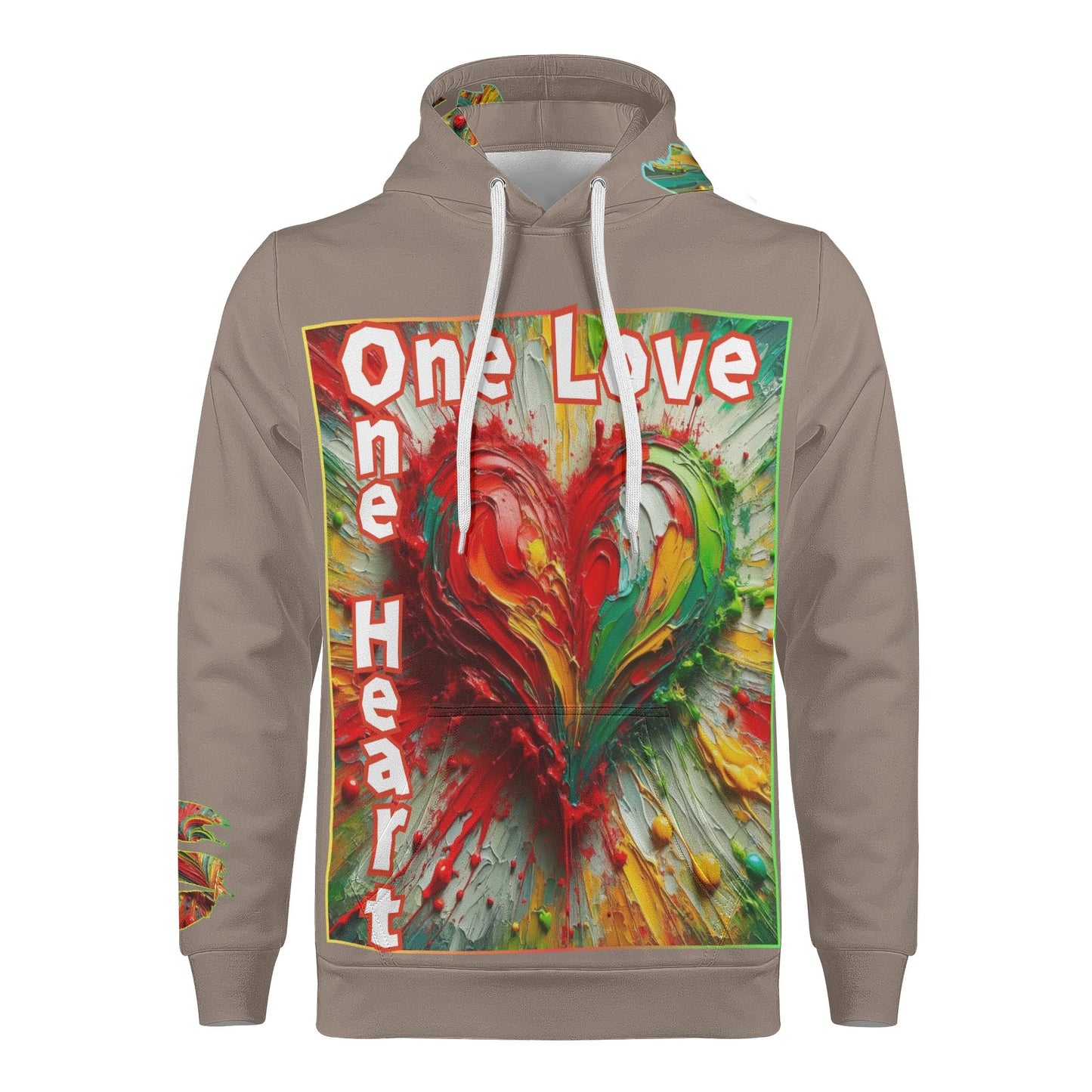 Mens All Over Print Warm Velvet Lined Hoodie "One Love One Heart"