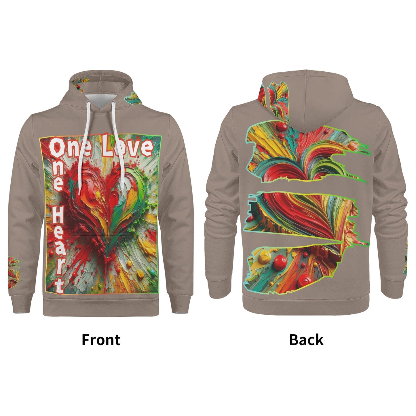 Mens All Over Print Warm Velvet Lined Hoodie "One Love One Heart"