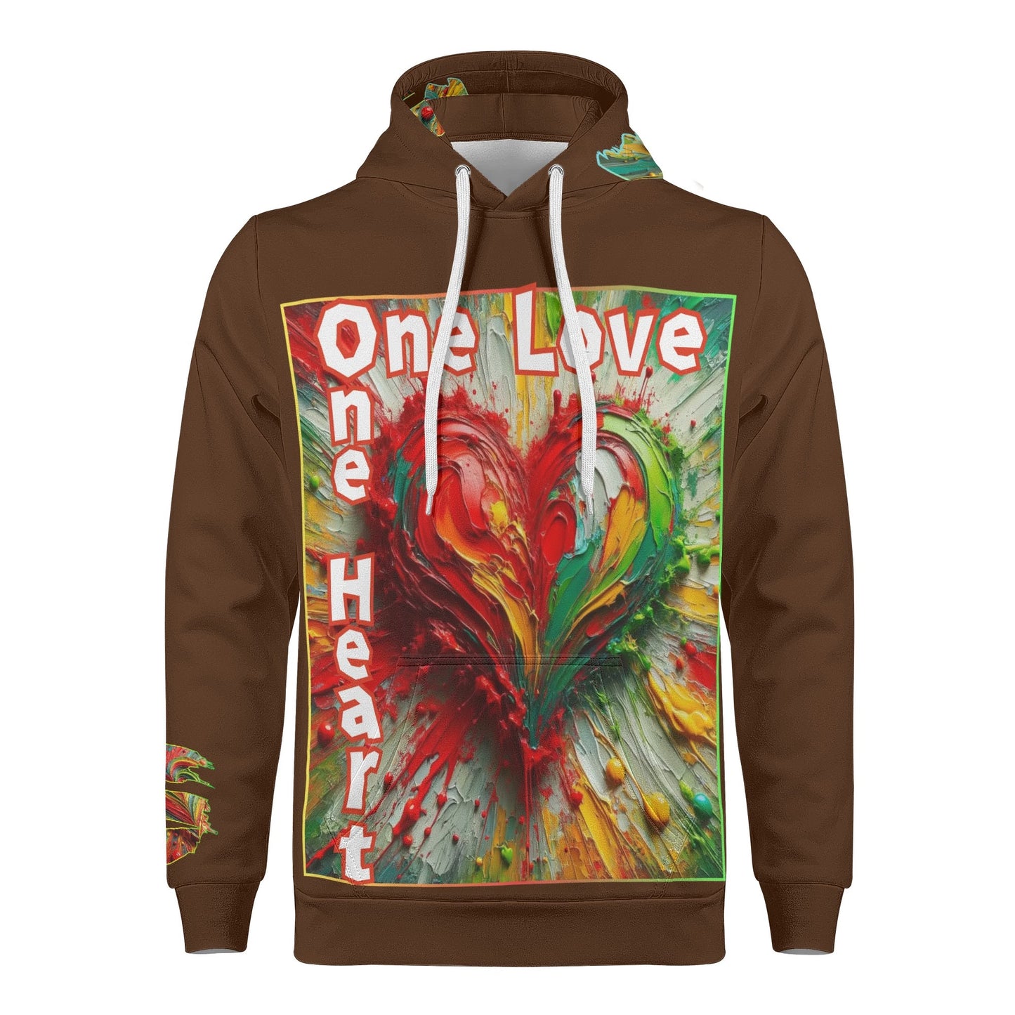 Mens All Over Print Warm Velvet Lined Hoodie "One Love One Heart"